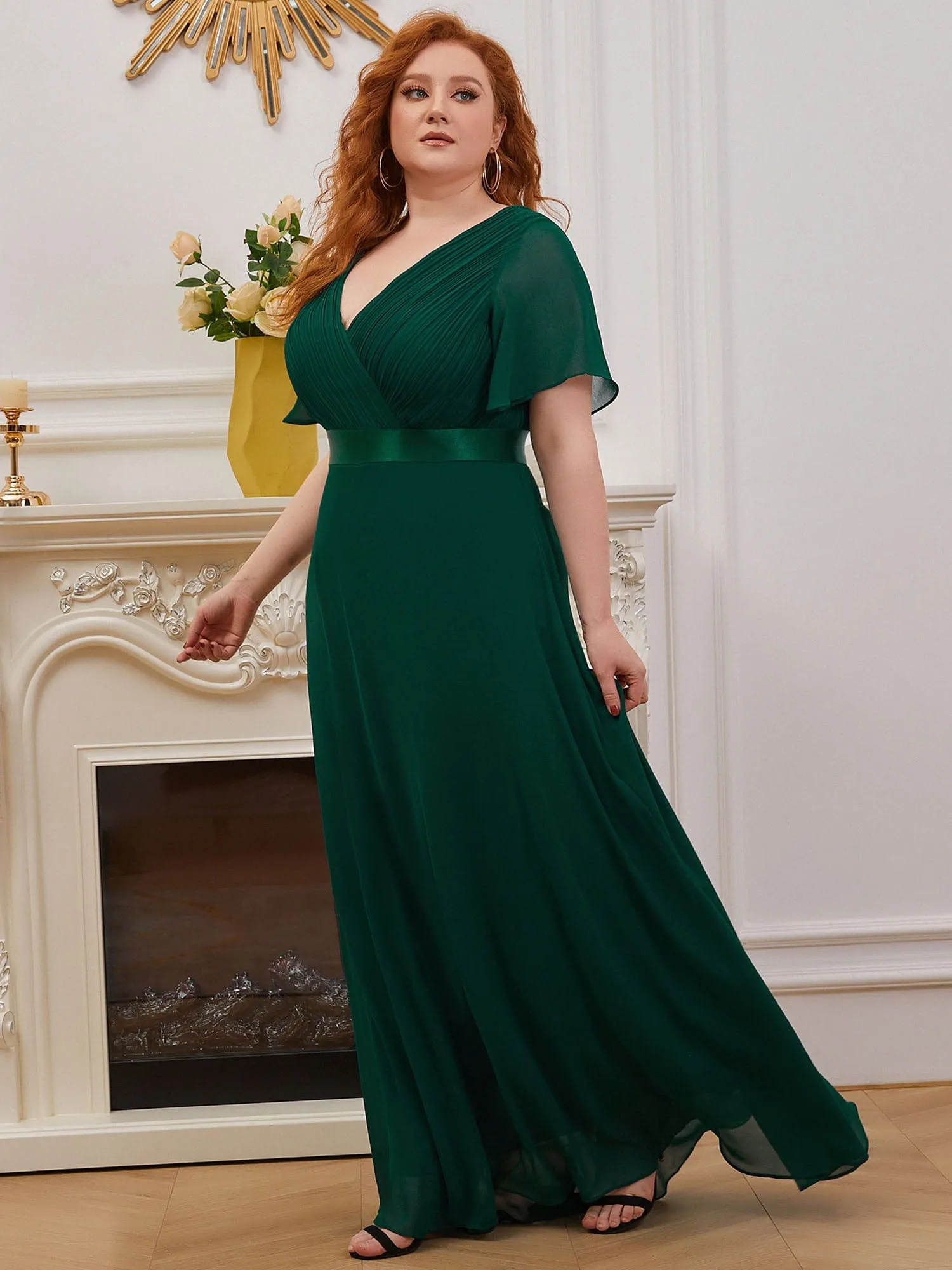 Plus Size Empire Waist V Back Bridesmaid Dress with Short Sleeves