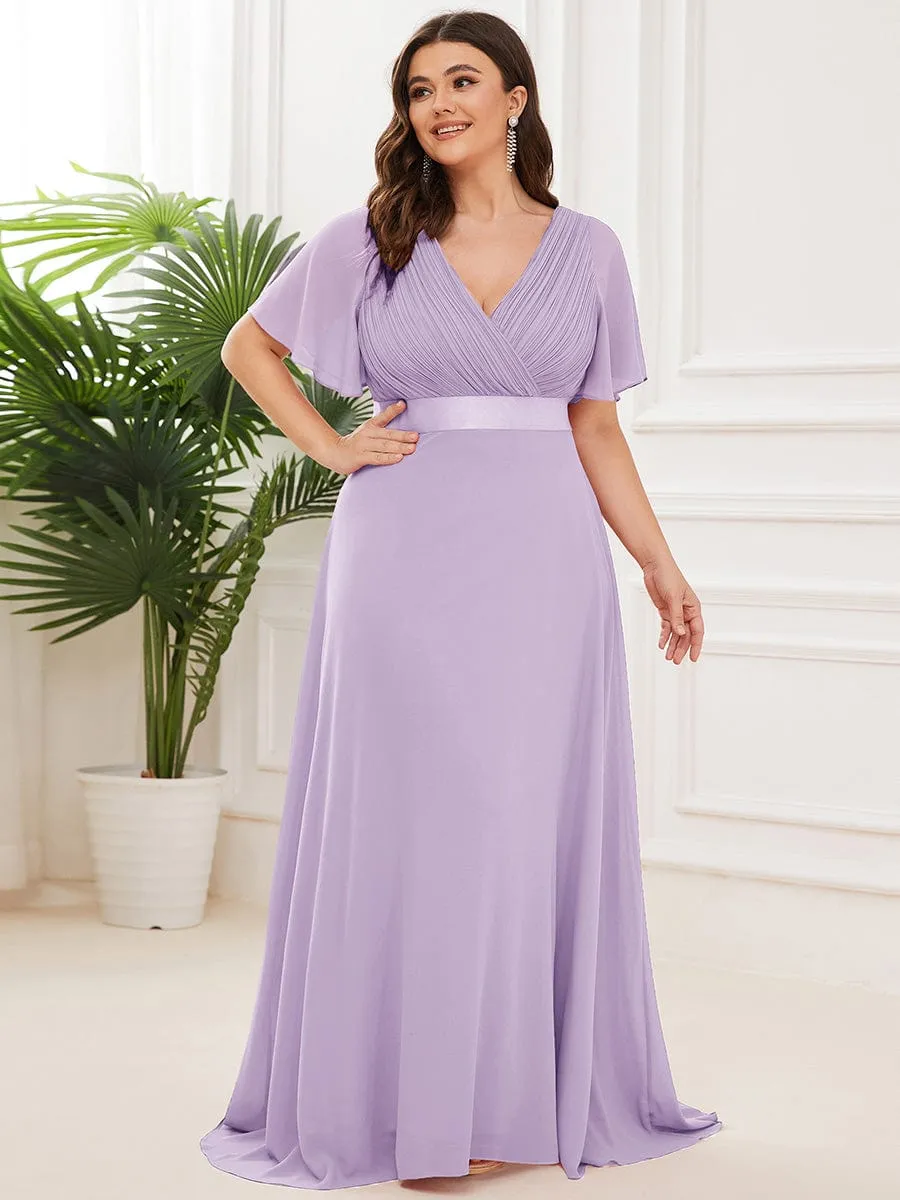 Plus Size Empire Waist V Back Bridesmaid Dress with Short Sleeves