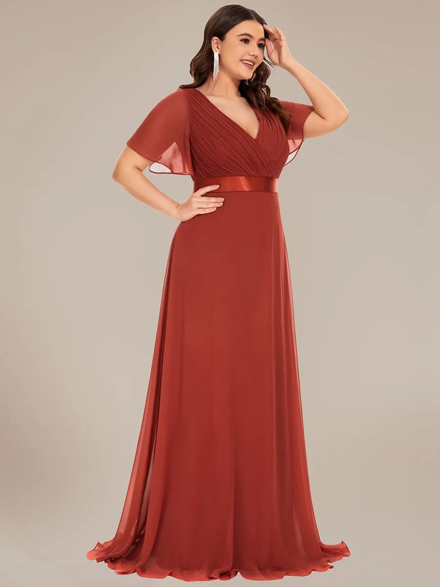 Plus Size Empire Waist V Back Bridesmaid Dress with Short Sleeves