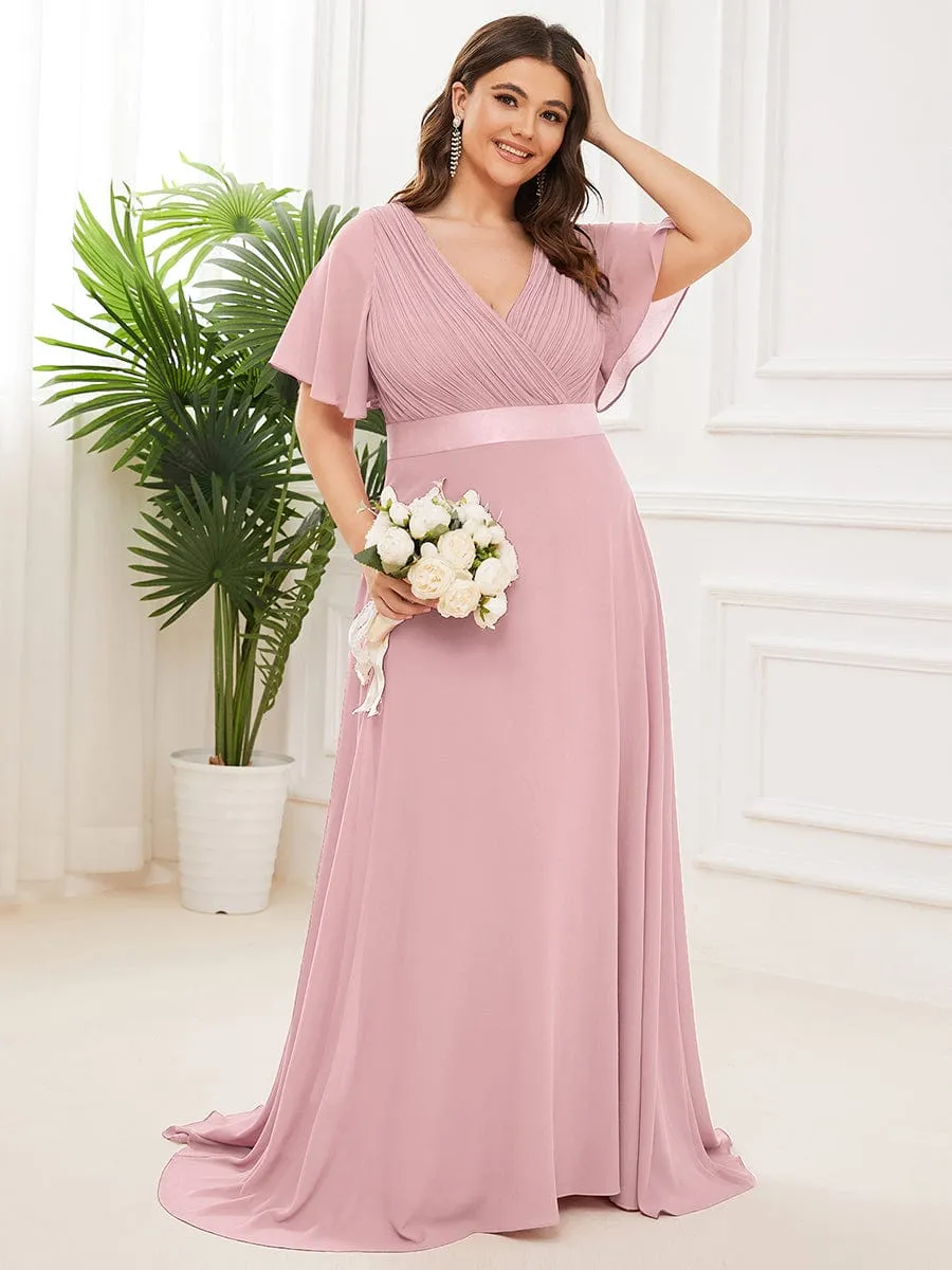 Plus Size Empire Waist V Back Bridesmaid Dress with Short Sleeves