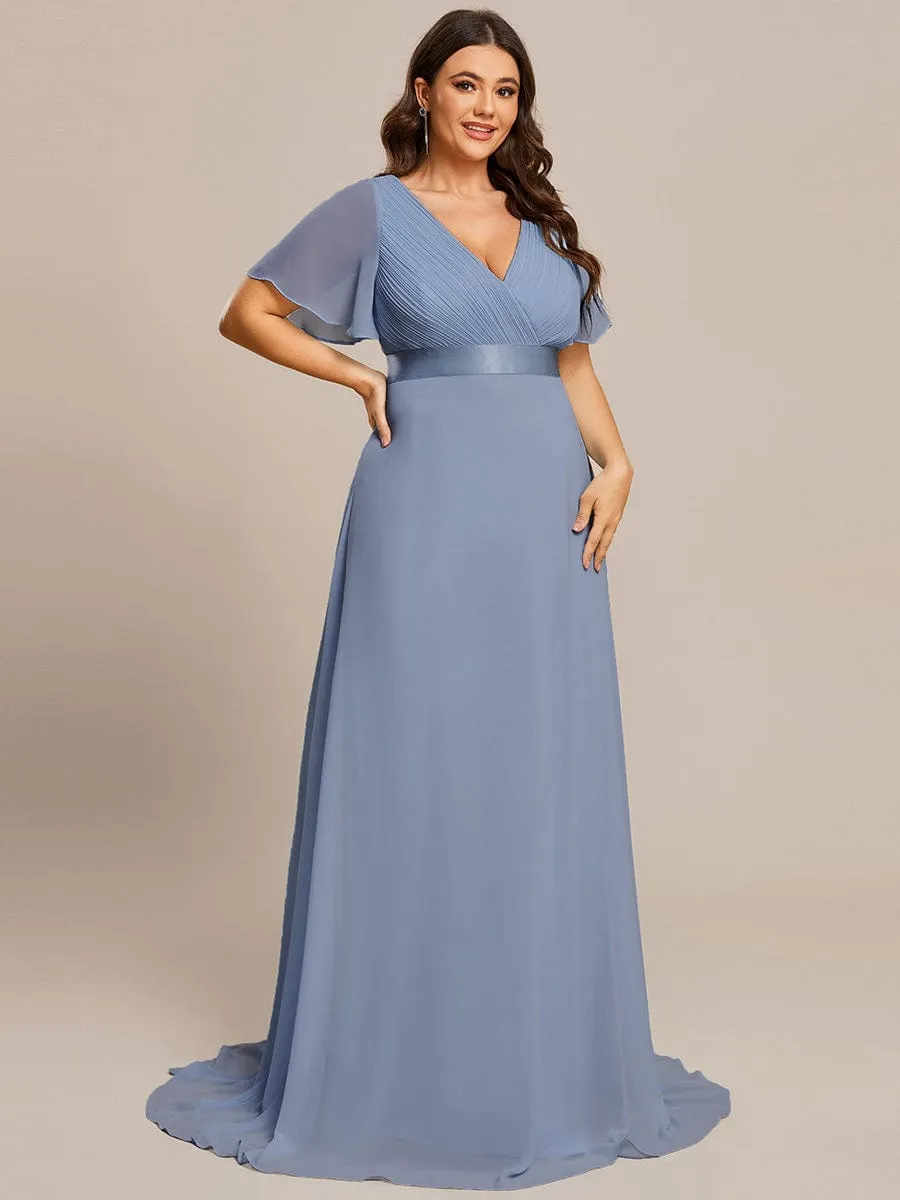 Plus Size Empire Waist V Back Bridesmaid Dress with Short Sleeves