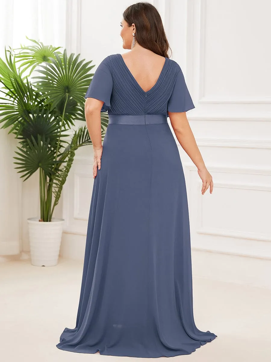 Plus Size Empire Waist V Back Bridesmaid Dress with Short Sleeves