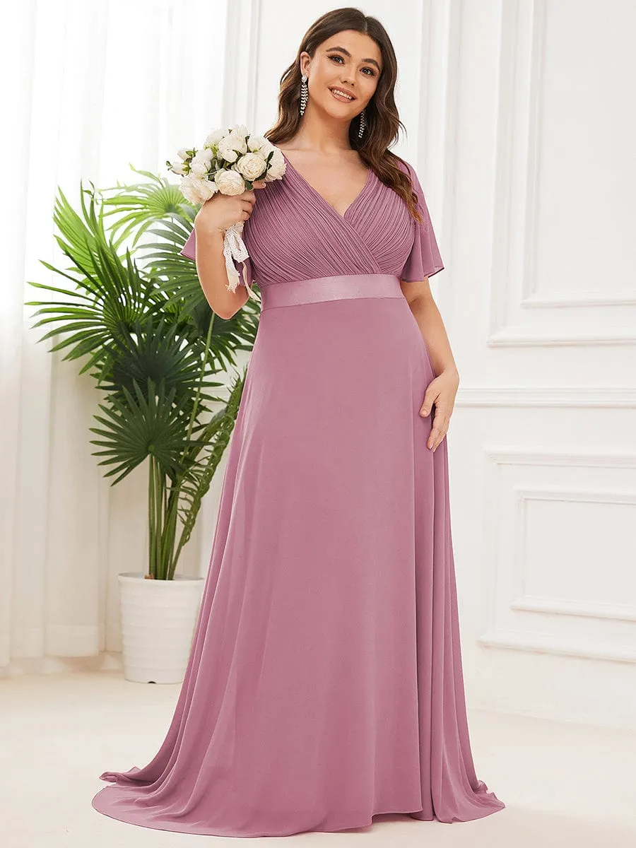 Plus Size Empire Waist V Back Bridesmaid Dress with Short Sleeves