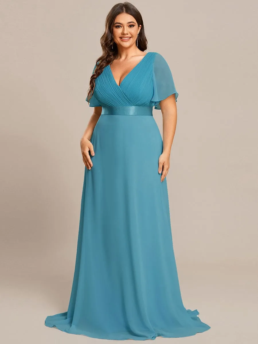 Plus Size Empire Waist V Back Bridesmaid Dress with Short Sleeves