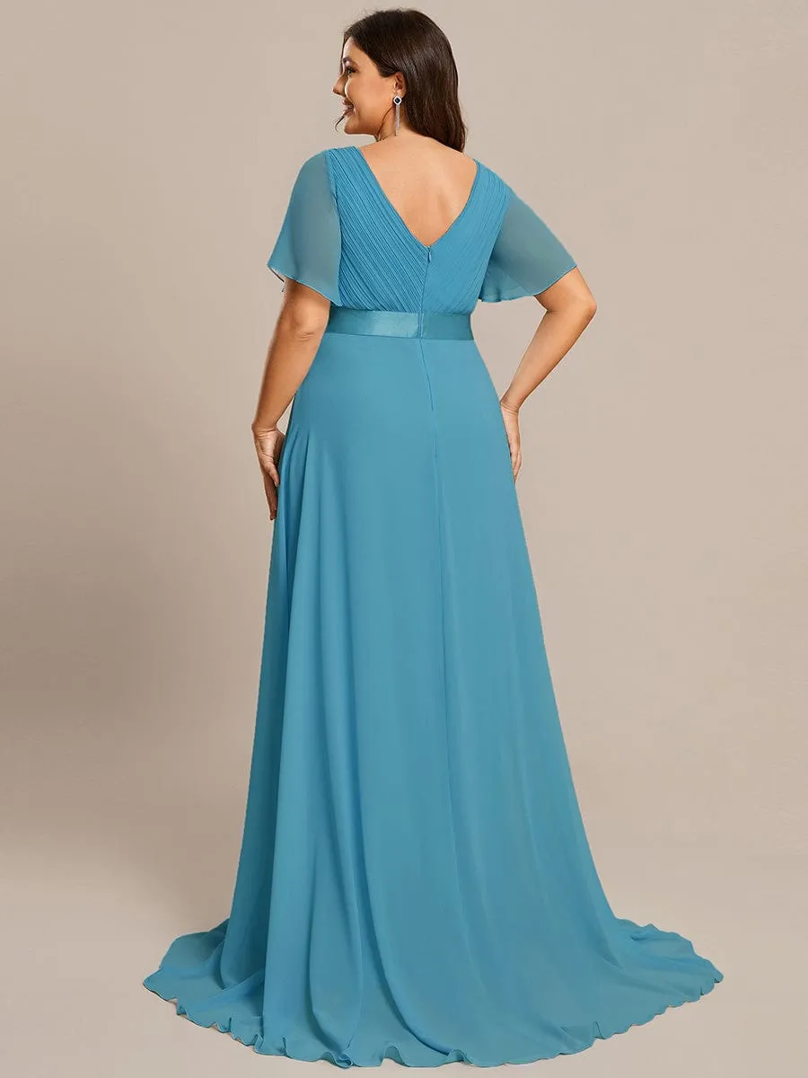 Plus Size Empire Waist V Back Bridesmaid Dress with Short Sleeves