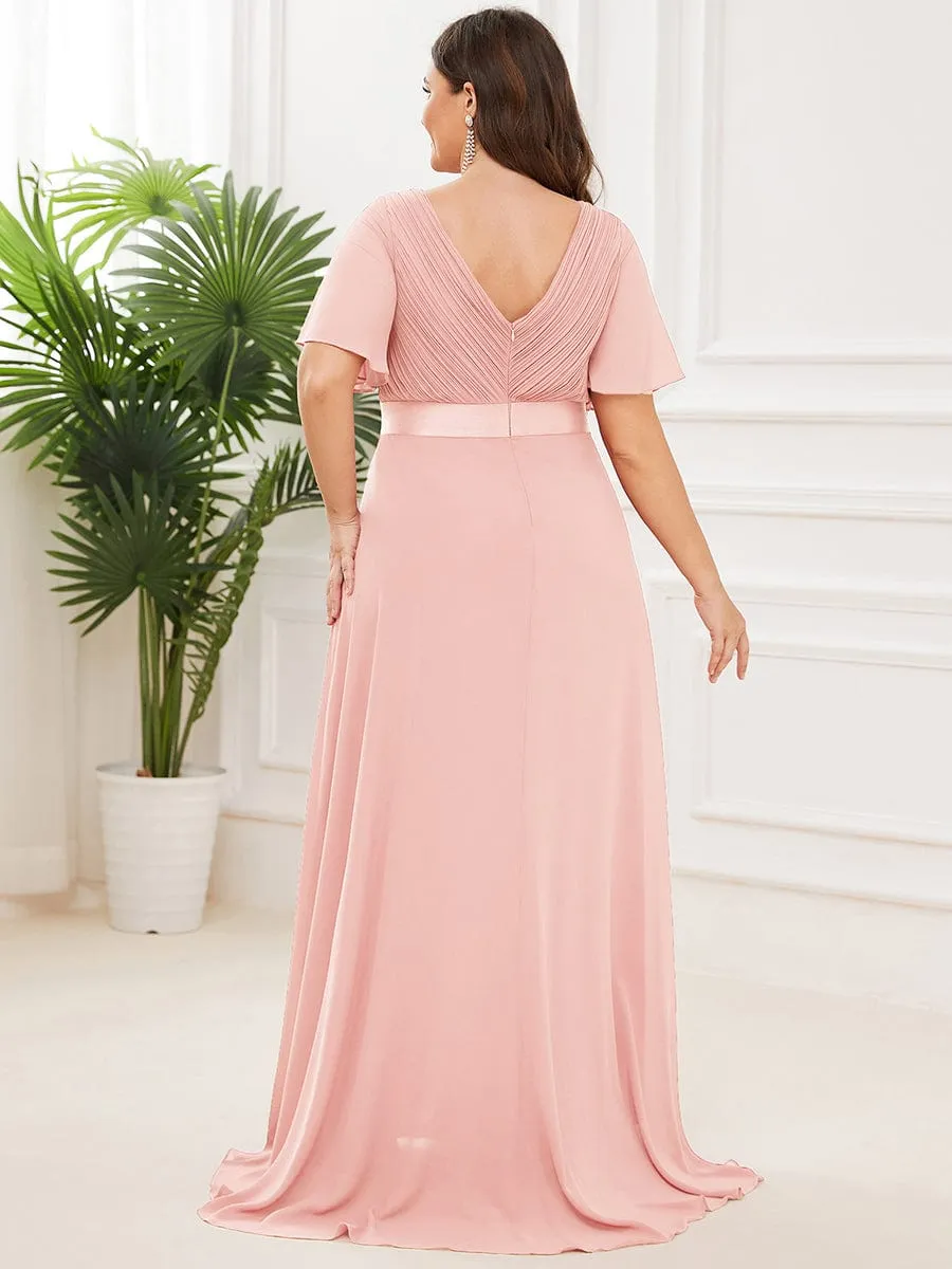 Plus Size Empire Waist V Back Bridesmaid Dress with Short Sleeves