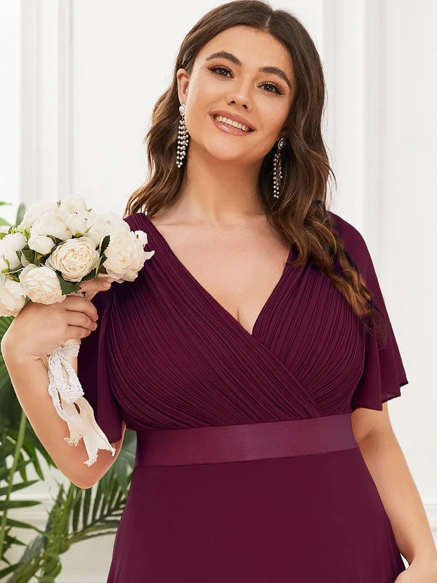 Plus Size Empire Waist V Back Bridesmaid Dress with Short Sleeves