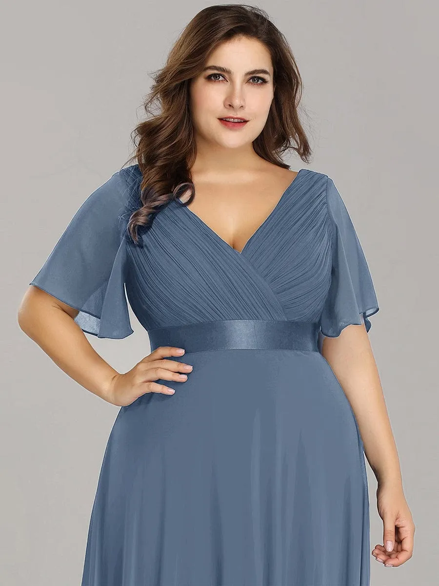 Plus Size Empire Waist V Back Bridesmaid Dress with Short Sleeves