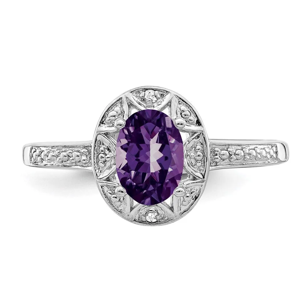 Rhodium-Plated Diamond & Amethyst Ring in Sterling Silver