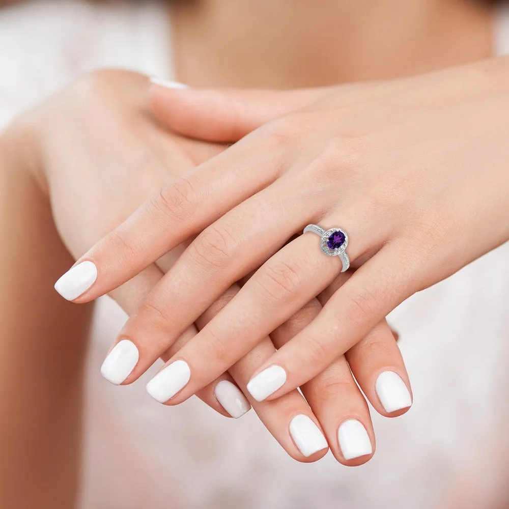 Rhodium-Plated Diamond & Amethyst Ring in Sterling Silver