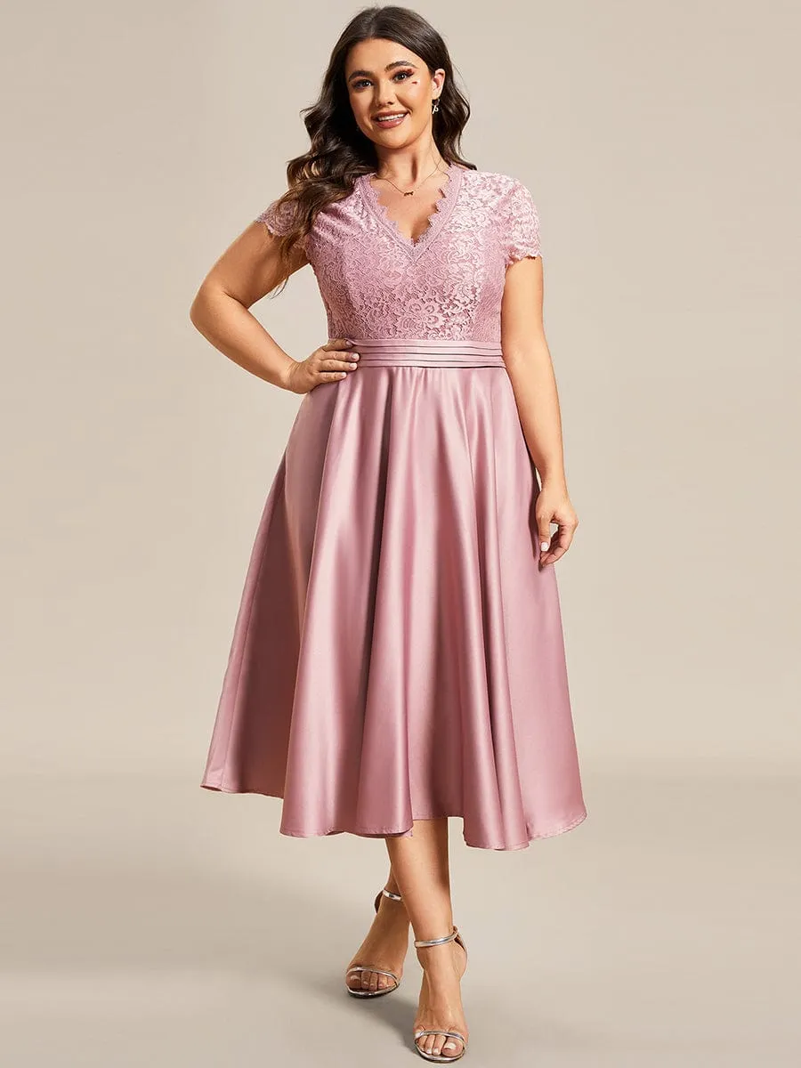 Romantic V-neck Lace Bodice Wedding Guest Dress with Pockets