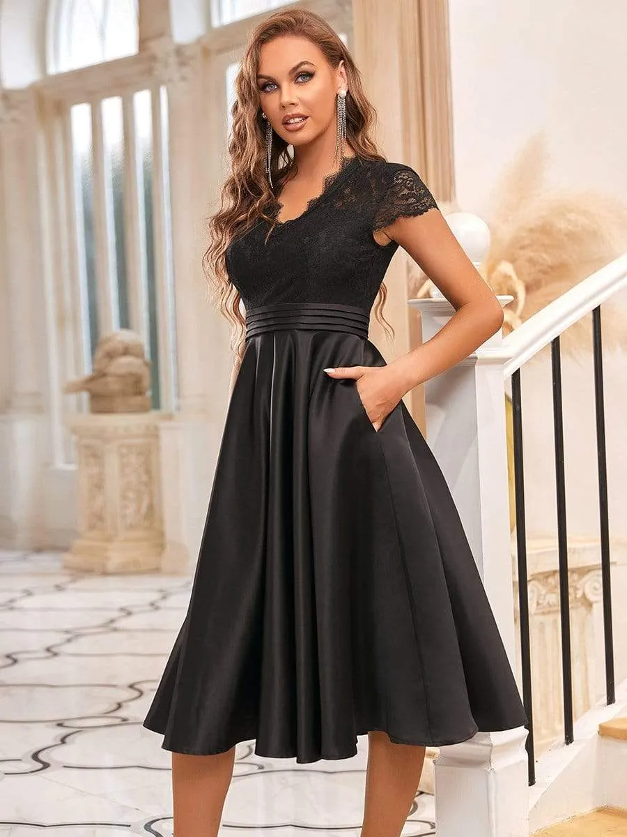 Romantic V-neck Lace Bodice Wedding Guest Dress with Pockets