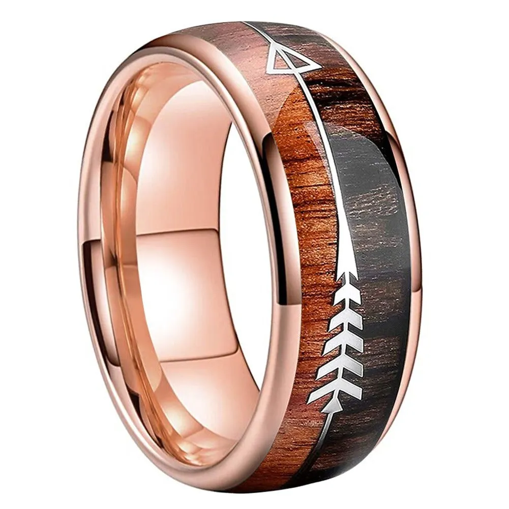 Rose Gold Tungsten Ring with An Arrow & Wood Inlay (8mm)