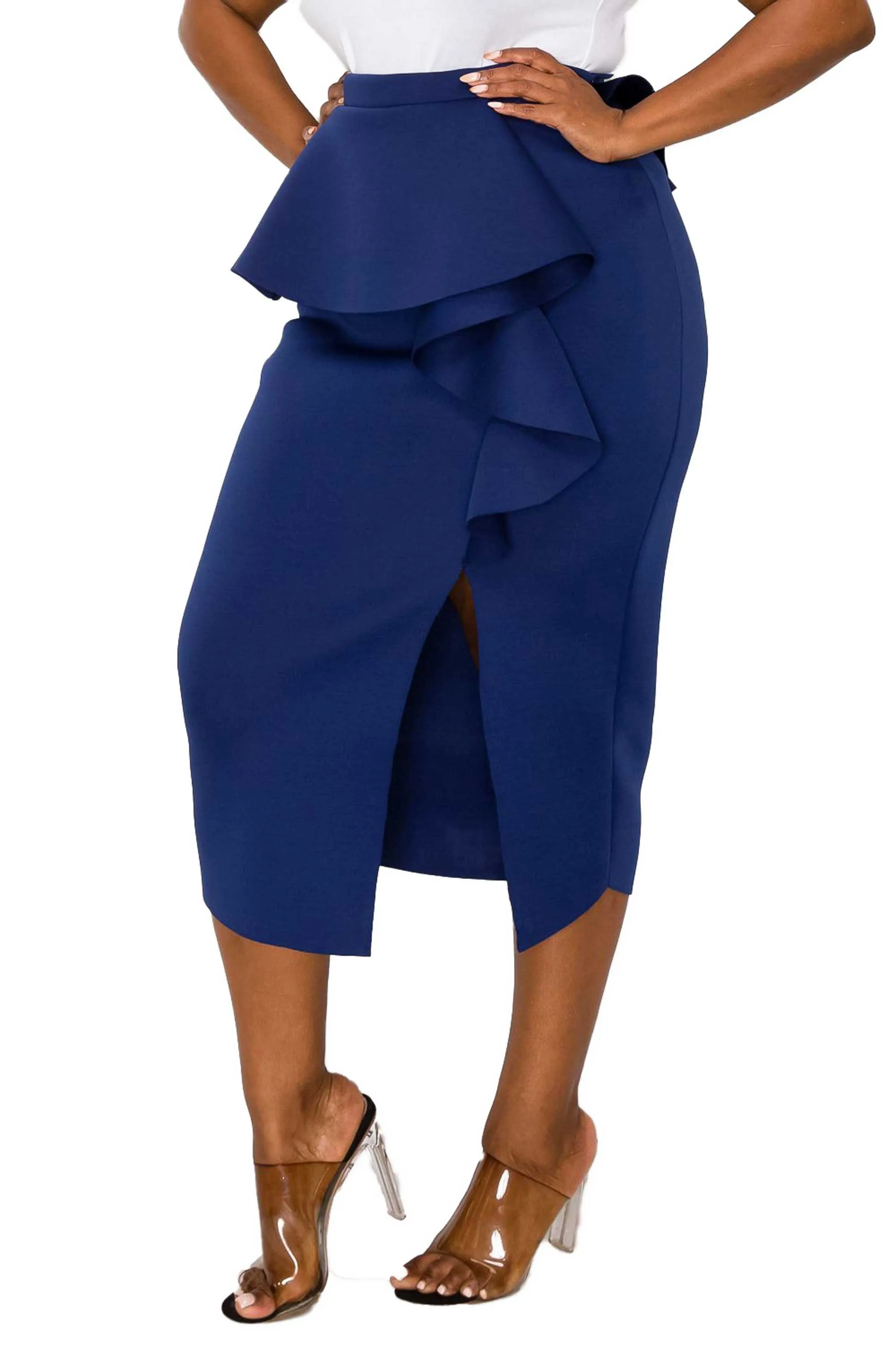 Ruffled Peplum Neoprene Midi Skirt