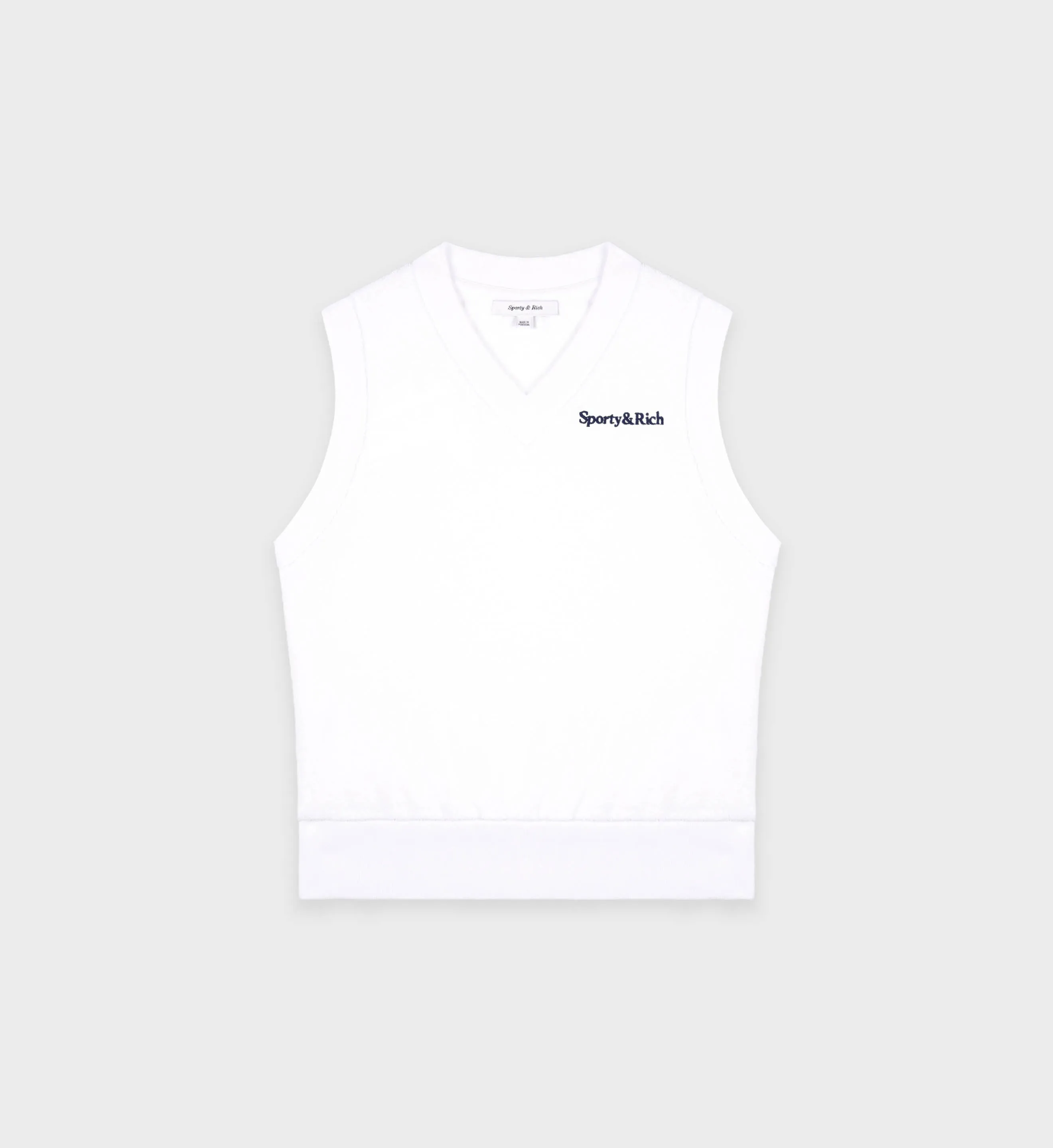 Serif Logo V-Neck Terry Vest - White/Navy