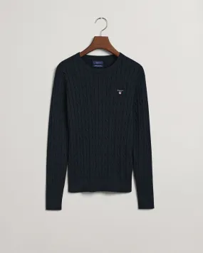 Stretch Cotton Cable Crew Neck Sweater-Navy