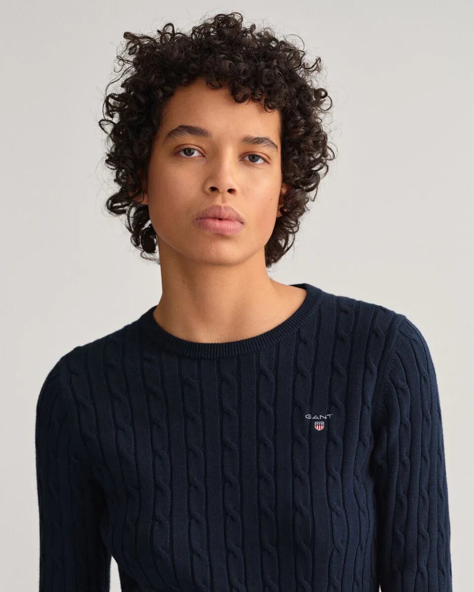 Stretch Cotton Cable Crew Neck Sweater-Navy