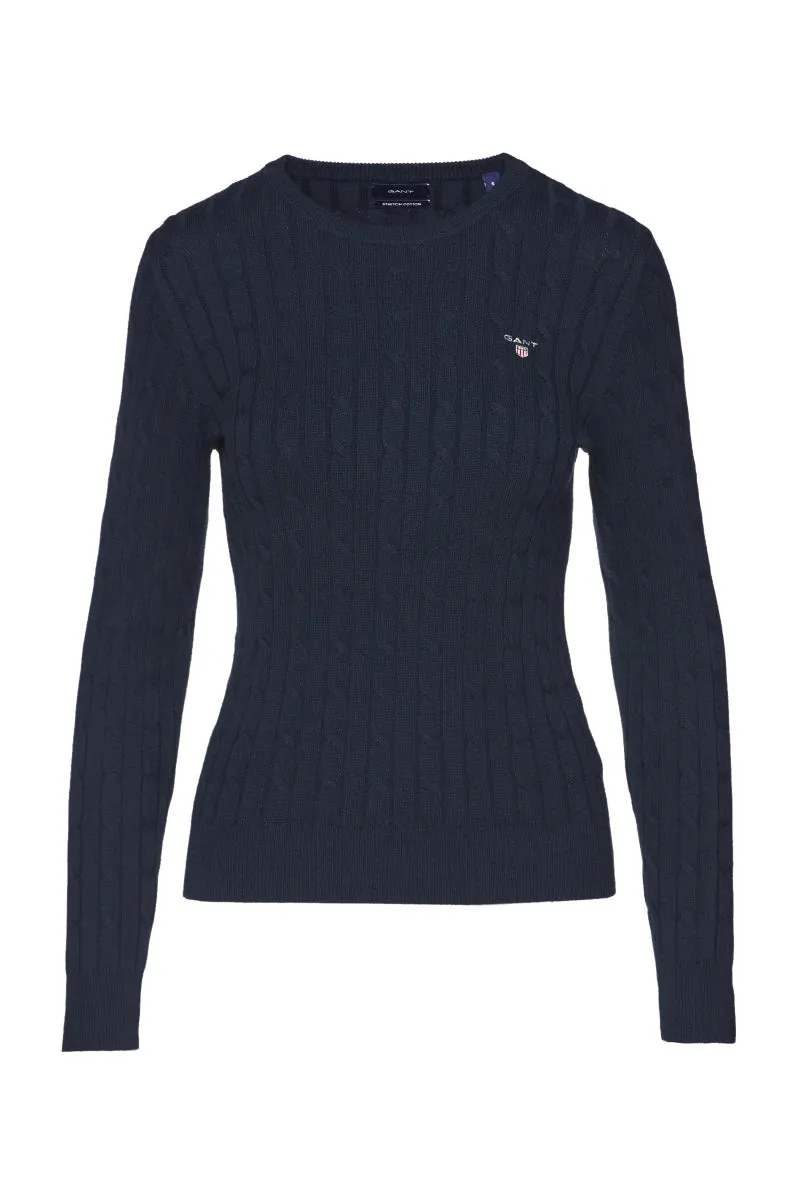 Stretch Cotton Cable Crew Neck Sweater-Navy