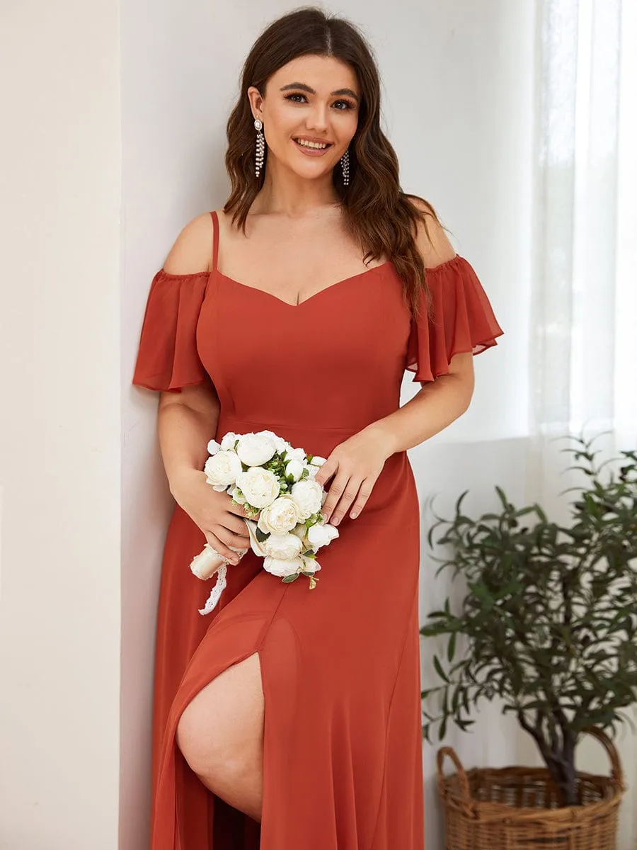 Stylish Cold Shoulder Flare Sleeves Flowy Bridesmaid Dress