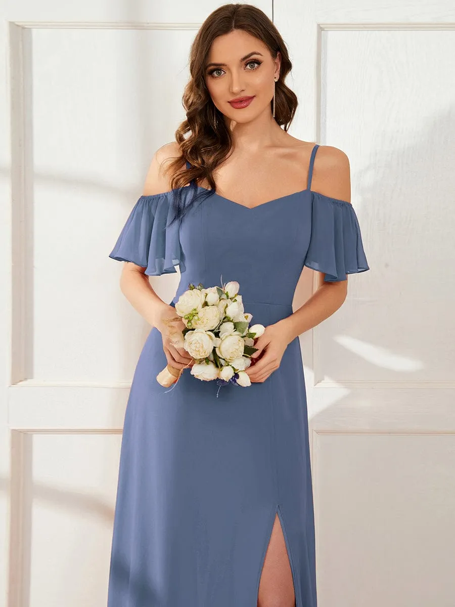 Stylish Cold Shoulder Flare Sleeves Flowy Bridesmaid Dress