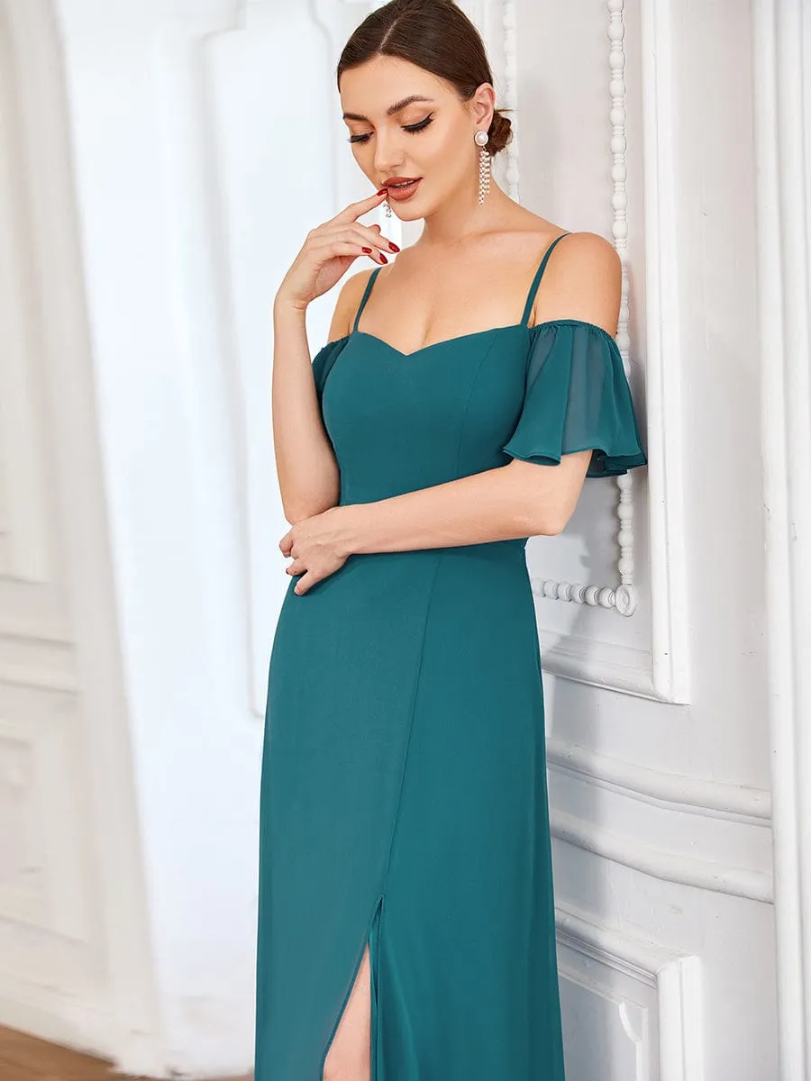 Stylish Cold Shoulder Flare Sleeves Flowy Bridesmaid Dress