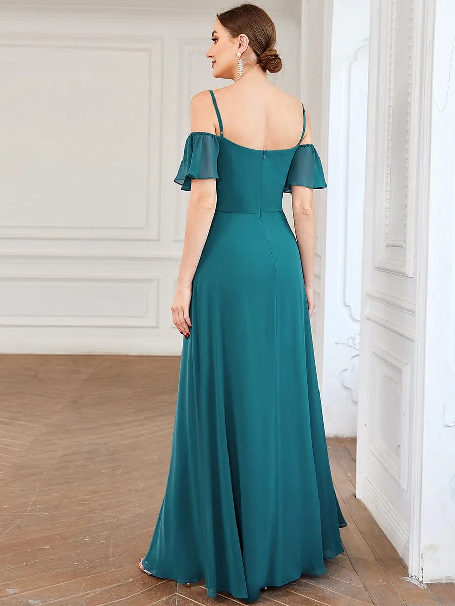 Stylish Cold Shoulder Flare Sleeves Flowy Bridesmaid Dress