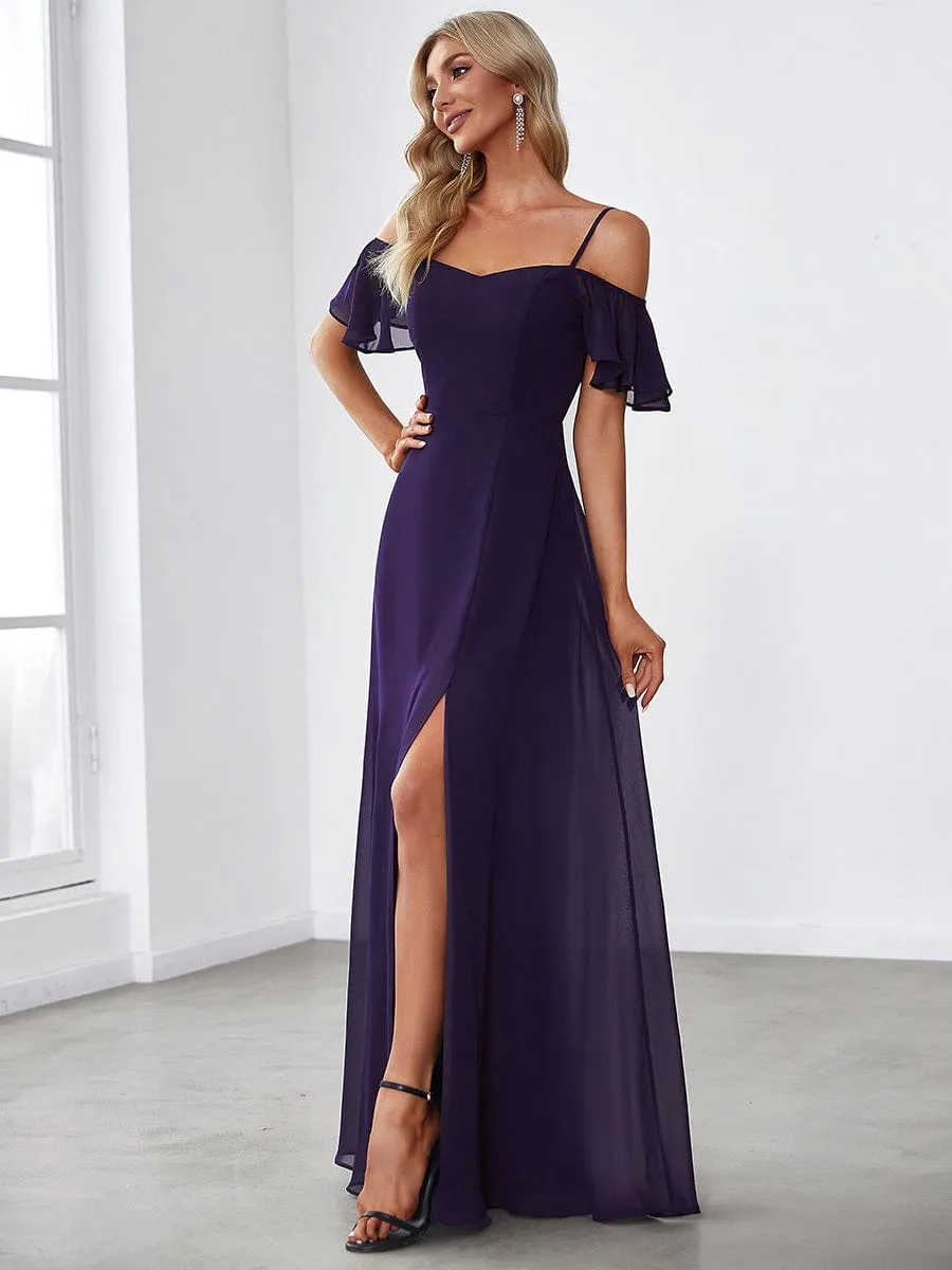 Stylish Cold Shoulder Flare Sleeves Flowy Bridesmaid Dress