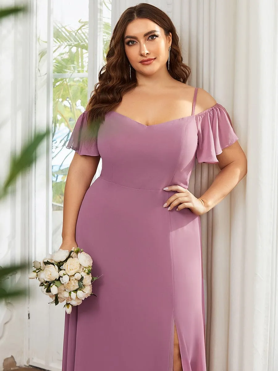 Stylish Cold Shoulder Flare Sleeves Flowy Bridesmaid Dress