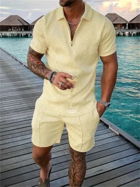 Summer 2024 Men's Sportswear Cotton Solid Color Short Sleeve Zip Polo Shirt and Shorts Set Men's Casual Streetwear 2-Piece