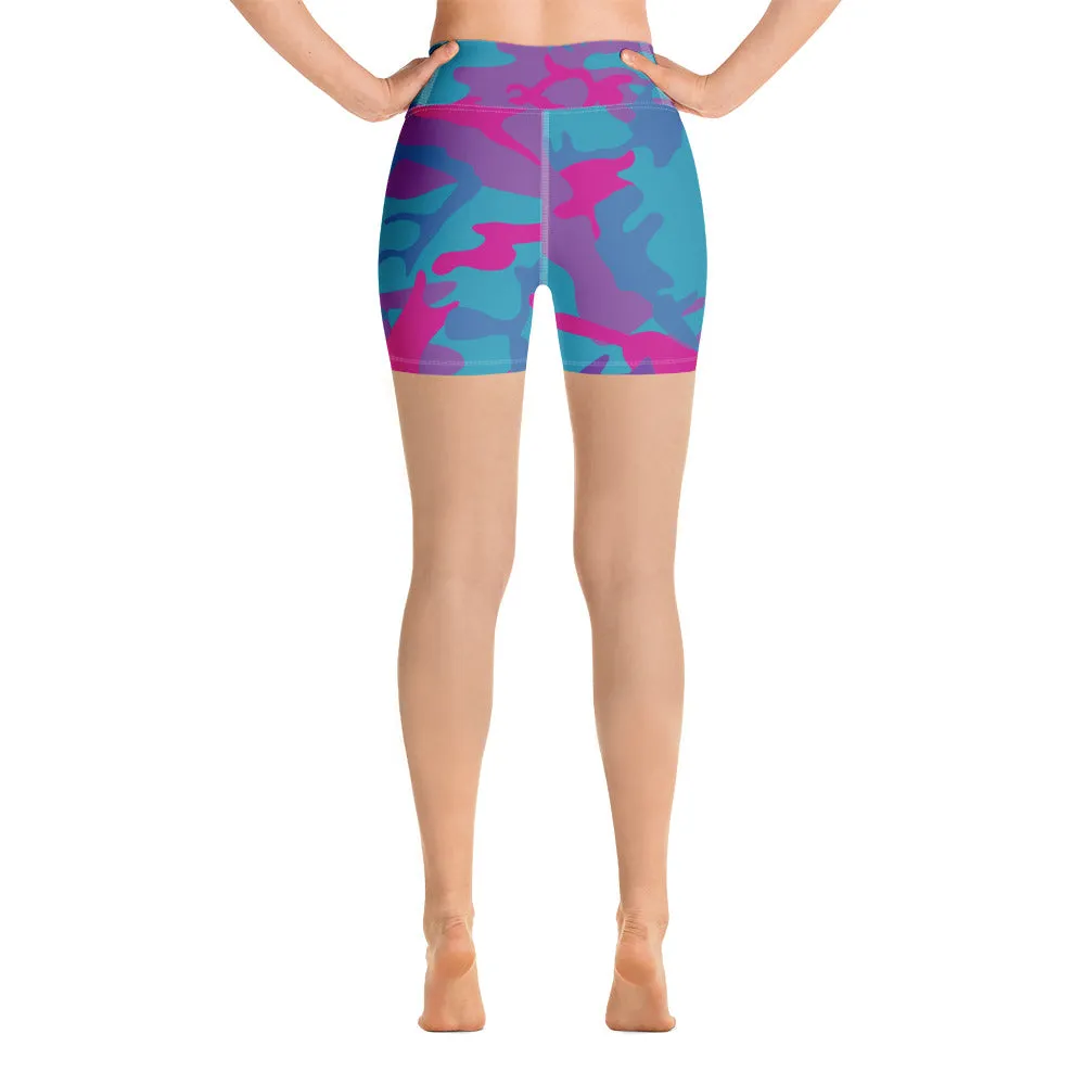 Teal, Purple and Hot Pink Camouflage Yoga Shorts