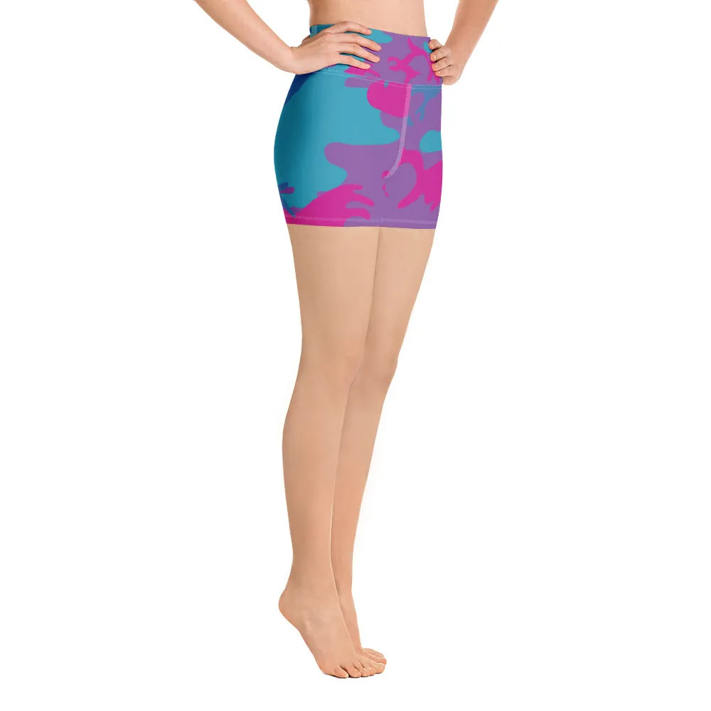 Teal, Purple and Hot Pink Camouflage Yoga Shorts