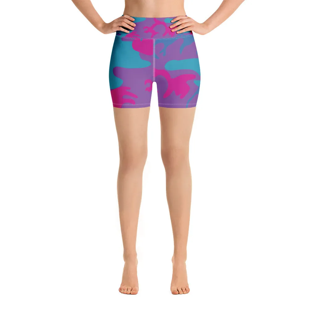 Teal, Purple and Hot Pink Camouflage Yoga Shorts