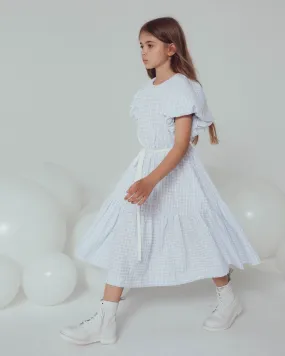 UNLABEL SS24 Mark Puffy Sleeve Dress in Sky Blue Checks