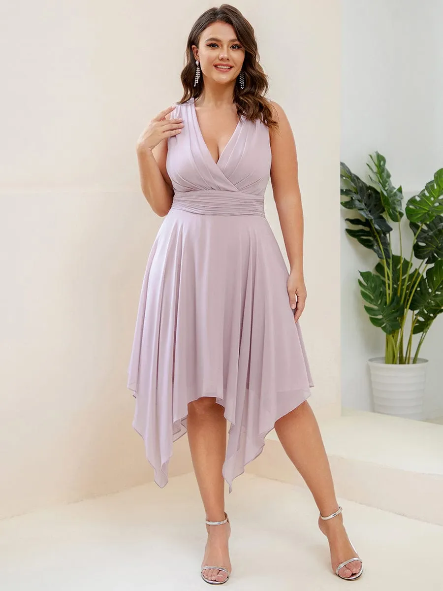 V Neck Ruched Asymmetrical Hems Midi Chiffon Bridesmaid Dress