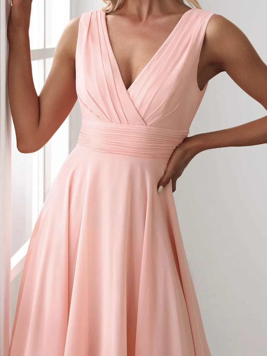 V Neck Ruched Asymmetrical Hems Midi Chiffon Bridesmaid Dress