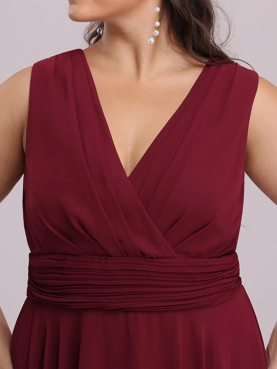 V Neck Ruched Asymmetrical Hems Midi Chiffon Bridesmaid Dress