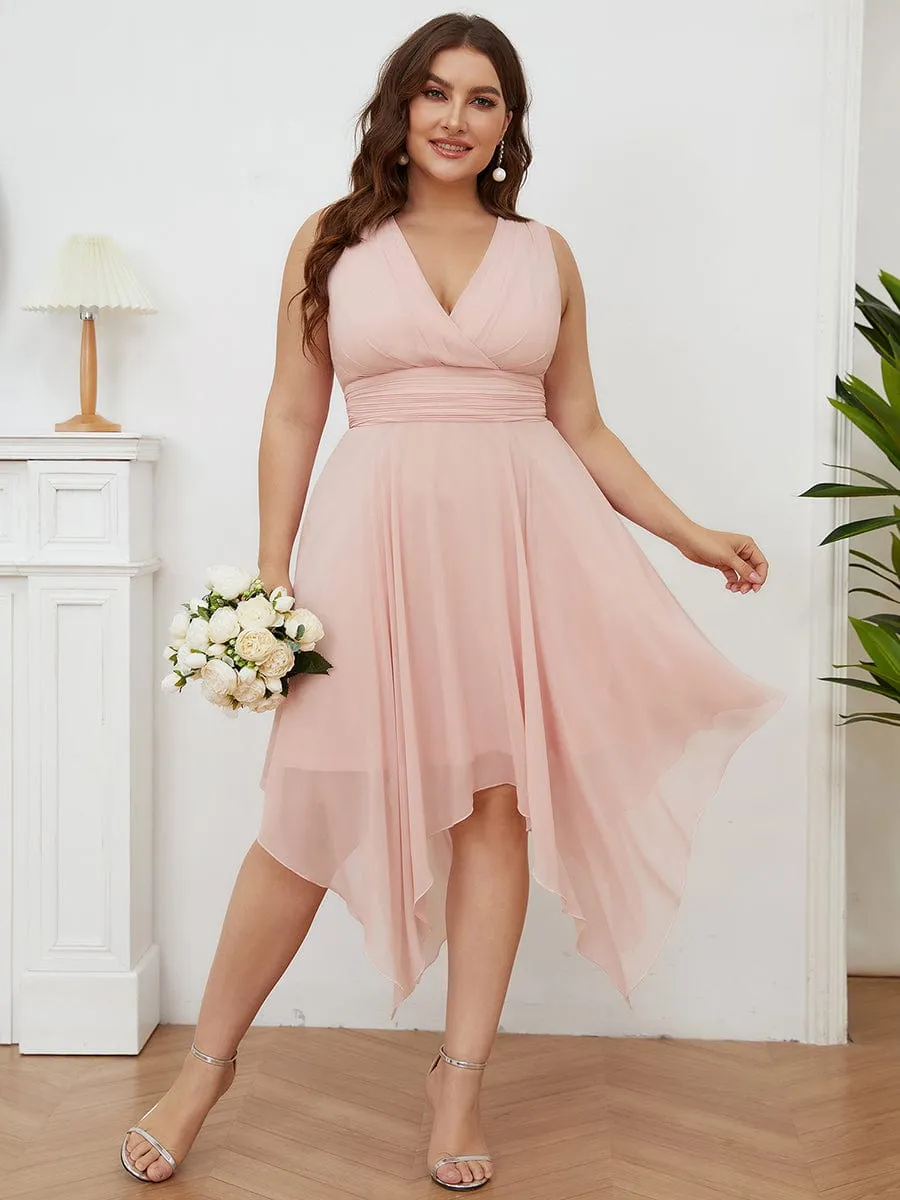 V Neck Ruched Asymmetrical Hems Midi Chiffon Bridesmaid Dress