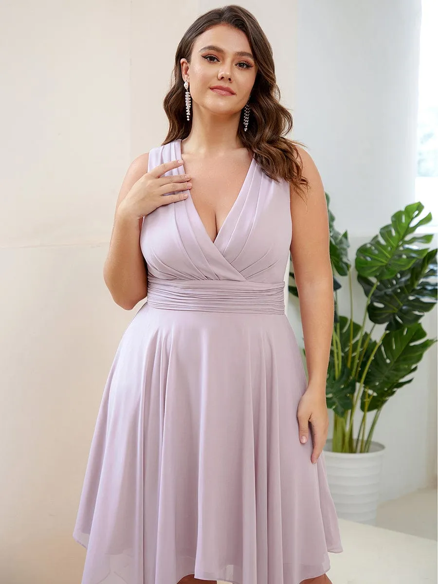 V Neck Ruched Asymmetrical Hems Midi Chiffon Bridesmaid Dress