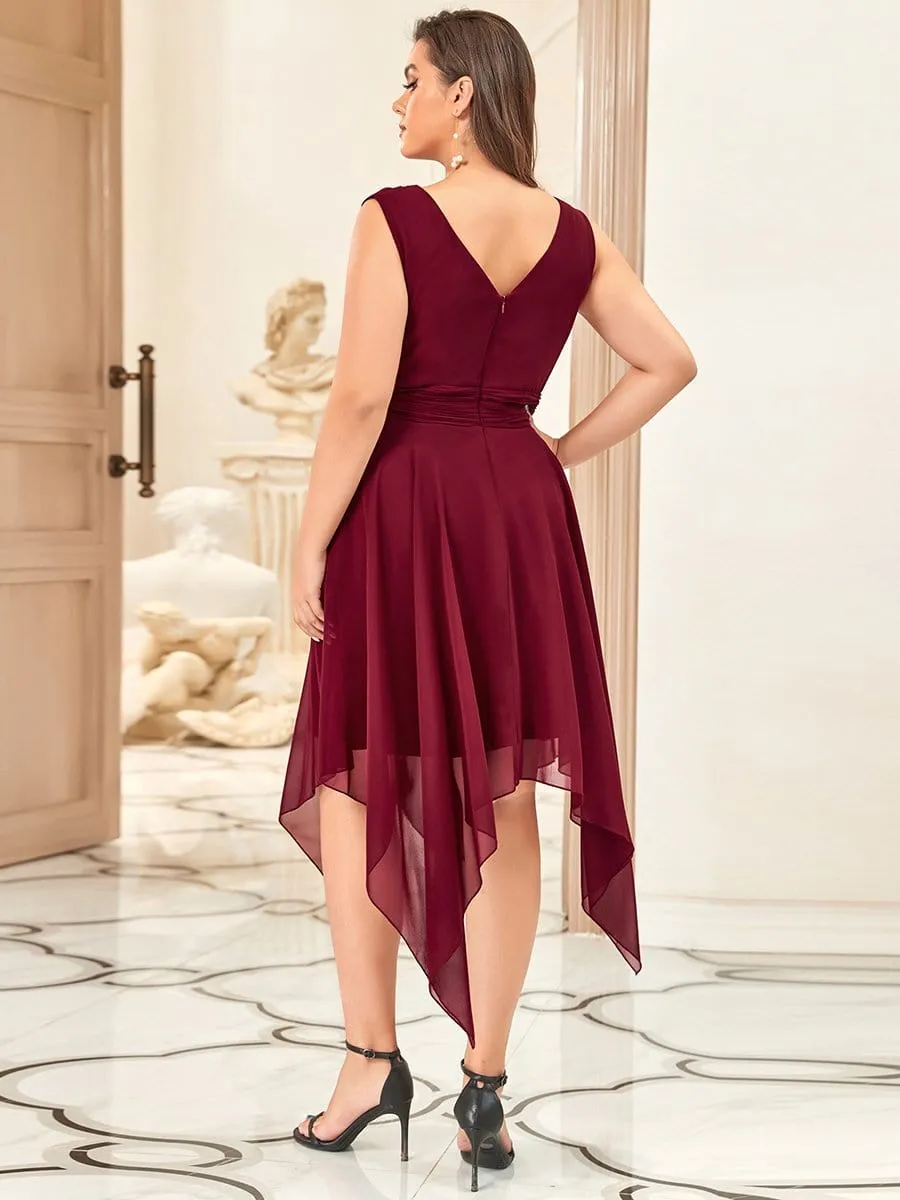 V Neck Ruched Asymmetrical Hems Midi Chiffon Bridesmaid Dress