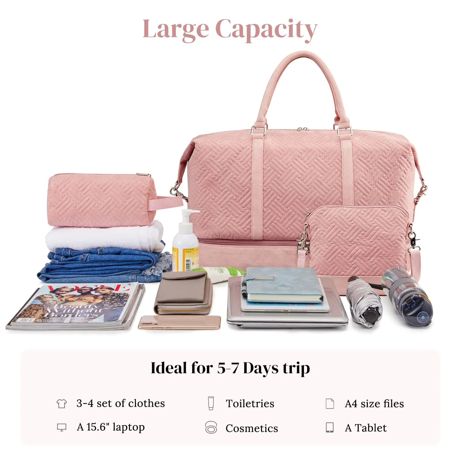 Women's 40L  3Pcs Set Travel Duffle Bag with Shoe Compartment