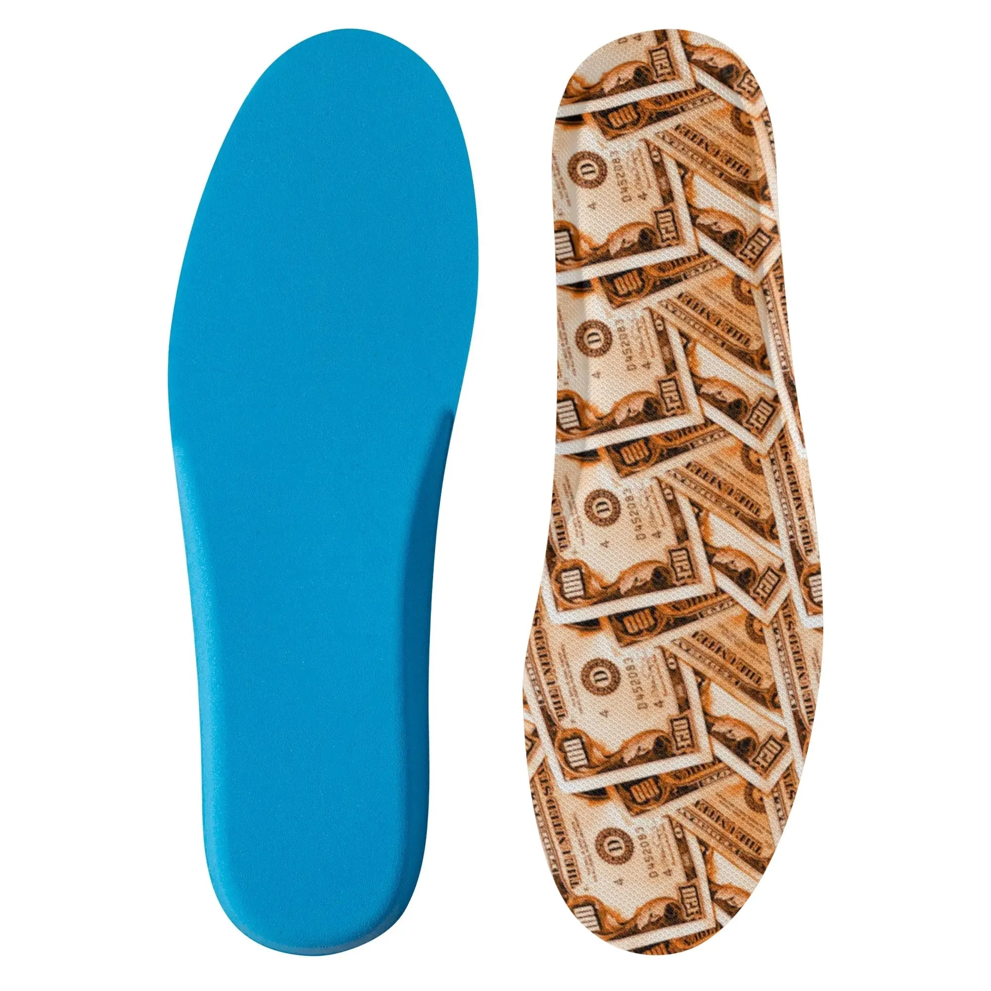 Womens Custom Shoe Insoles: Orange Money Pattern Tiny Flat Man on Heel