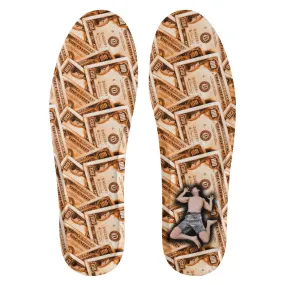 Womens Custom Shoe Insoles: Orange Money Pattern Tiny Flat Man on Heel