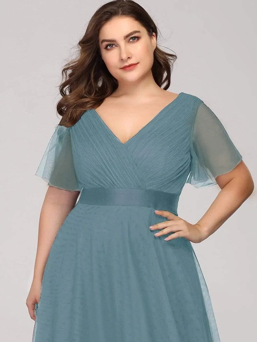 Women's Floor-Length Plus Size Formal Bridesmaid Dress with Short Sleeve