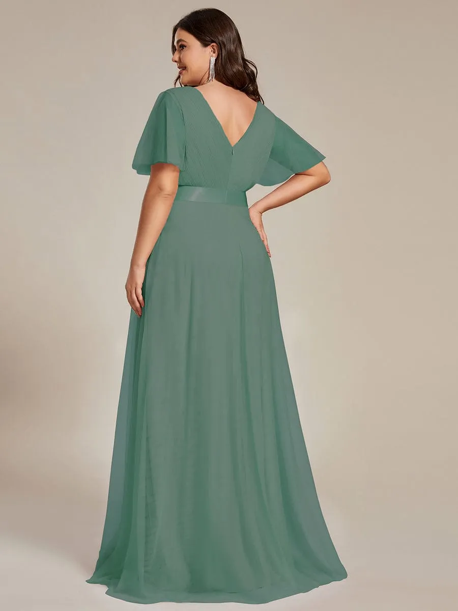 Women's Floor-Length Plus Size Formal Bridesmaid Dress with Short Sleeve