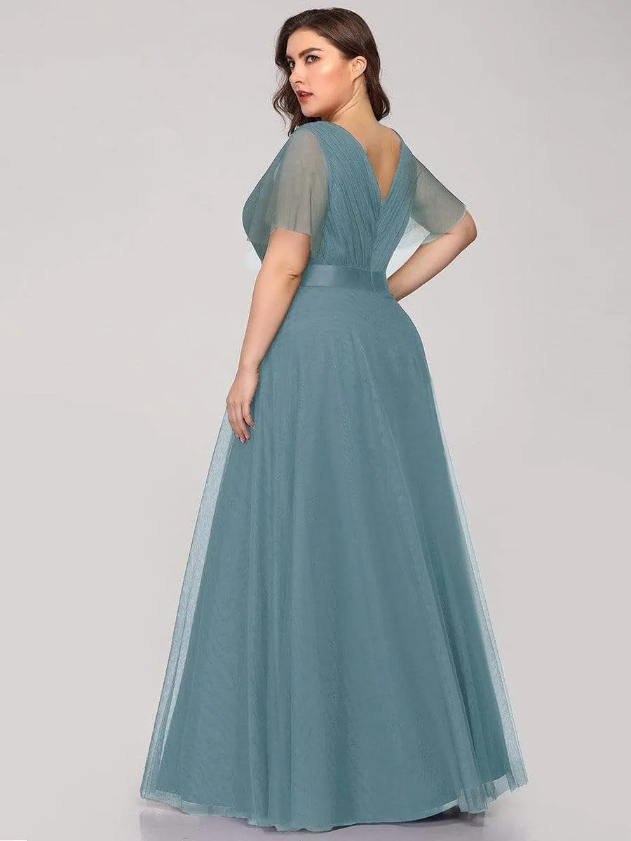 Women's Floor-Length Plus Size Formal Bridesmaid Dress with Short Sleeve