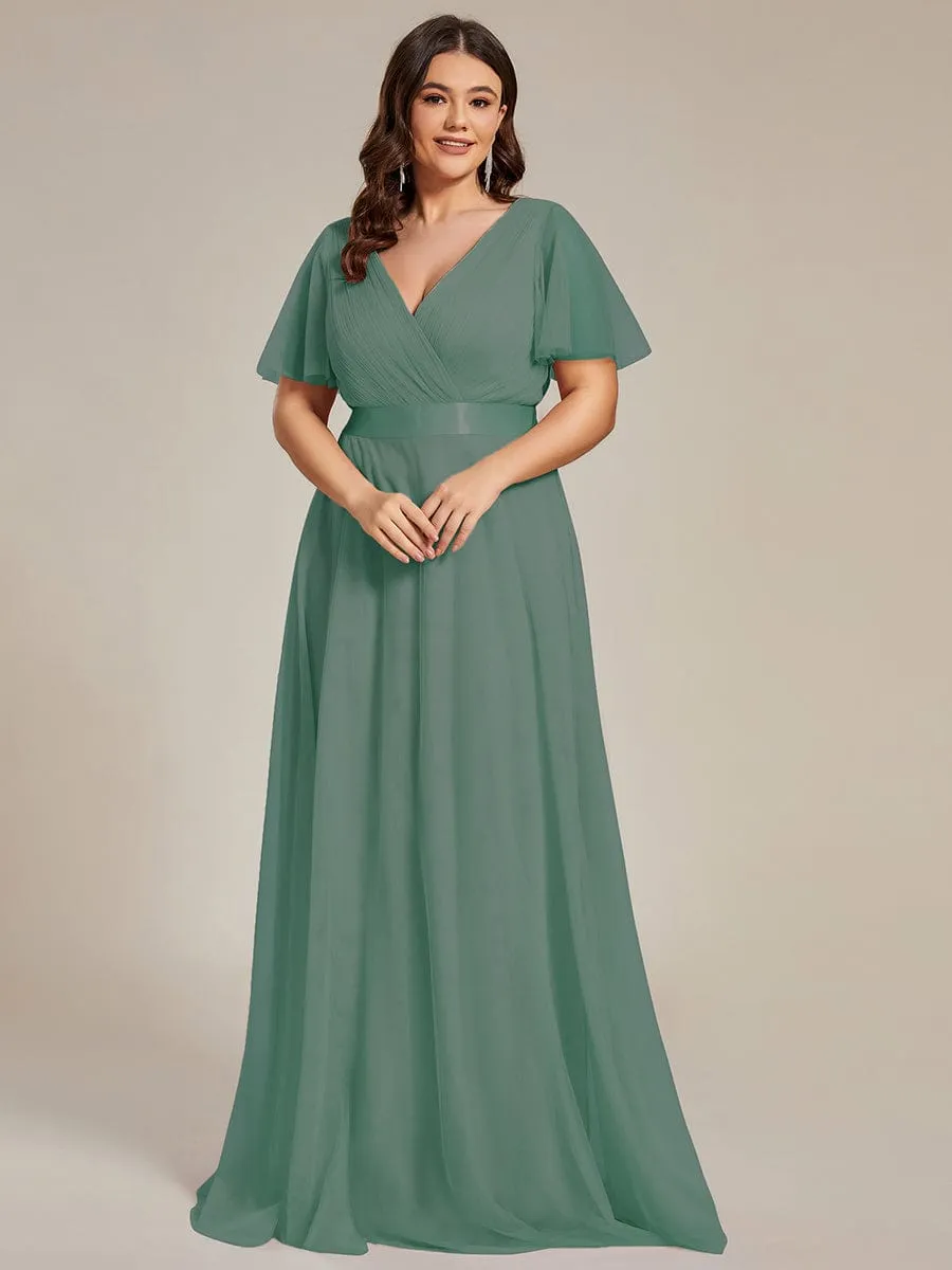 Women's Floor-Length Plus Size Formal Bridesmaid Dress with Short Sleeve