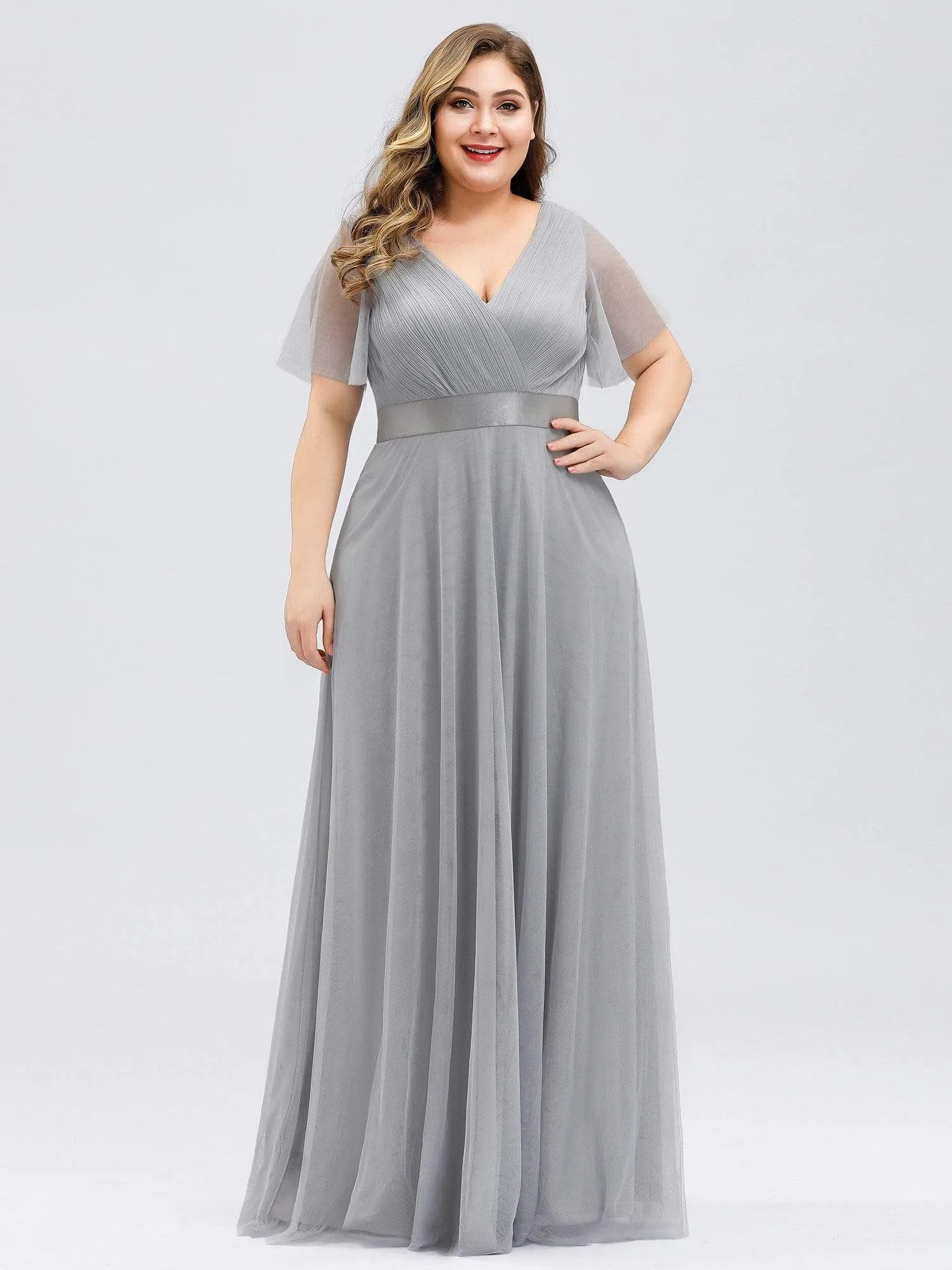 Women's Floor-Length Plus Size Formal Bridesmaid Dress with Short Sleeve