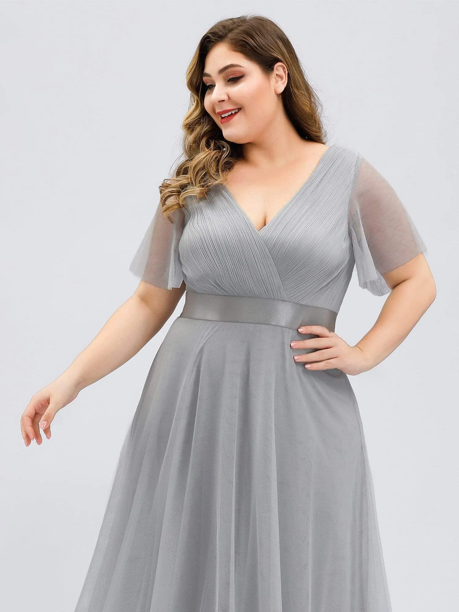 Women's Floor-Length Plus Size Formal Bridesmaid Dress with Short Sleeve