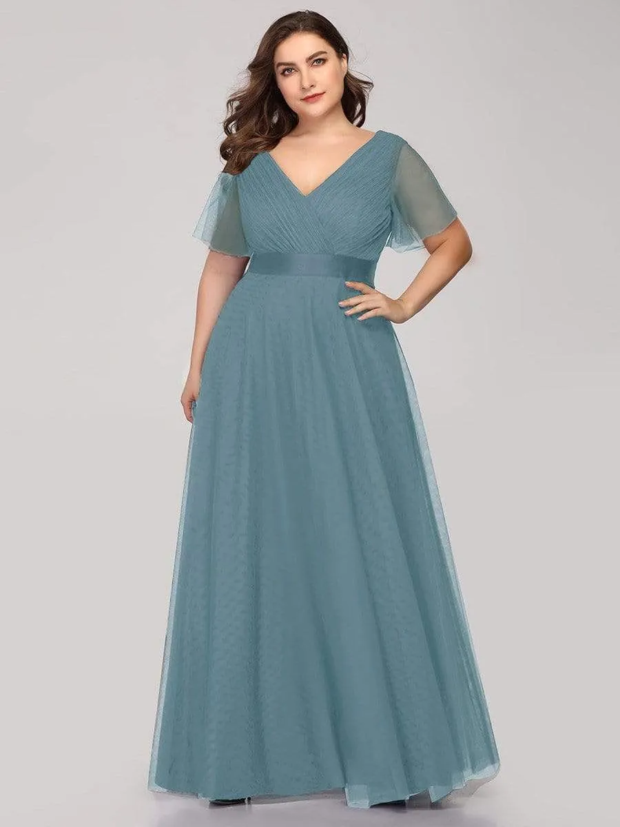 Women's Floor-Length Plus Size Formal Bridesmaid Dress with Short Sleeve