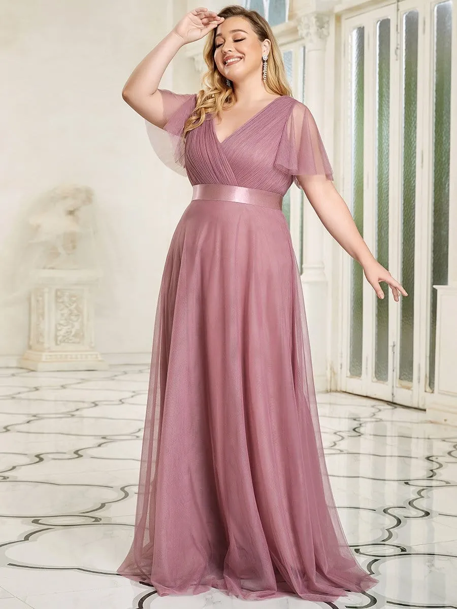 Women's Floor-Length Plus Size Formal Bridesmaid Dress with Short Sleeve